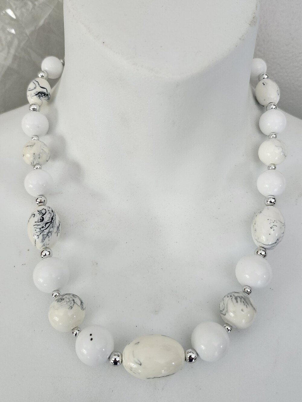 White Marbled Bead Necklace - 19 Inches